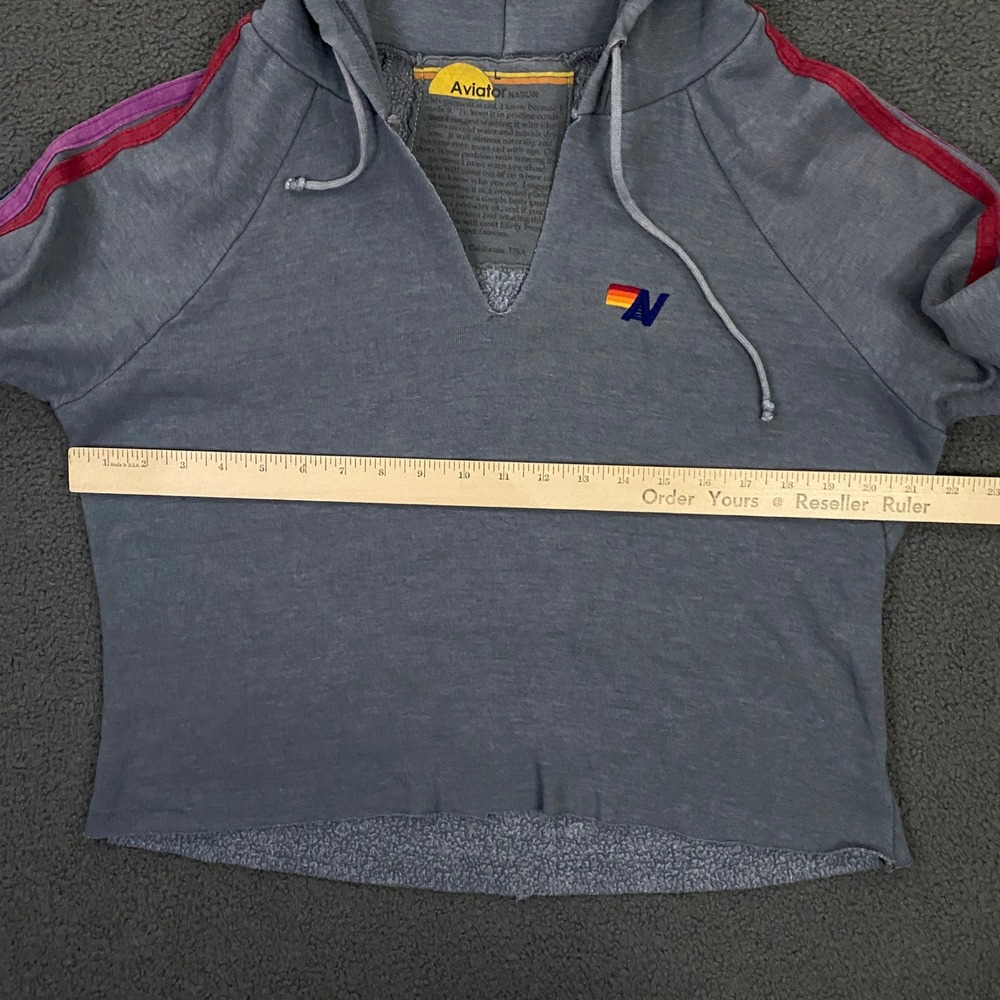 Aviator Nation Hoodie Womens Large Gray Split Neck Cropped Striped Fleece Logo - Picture 6 of 9